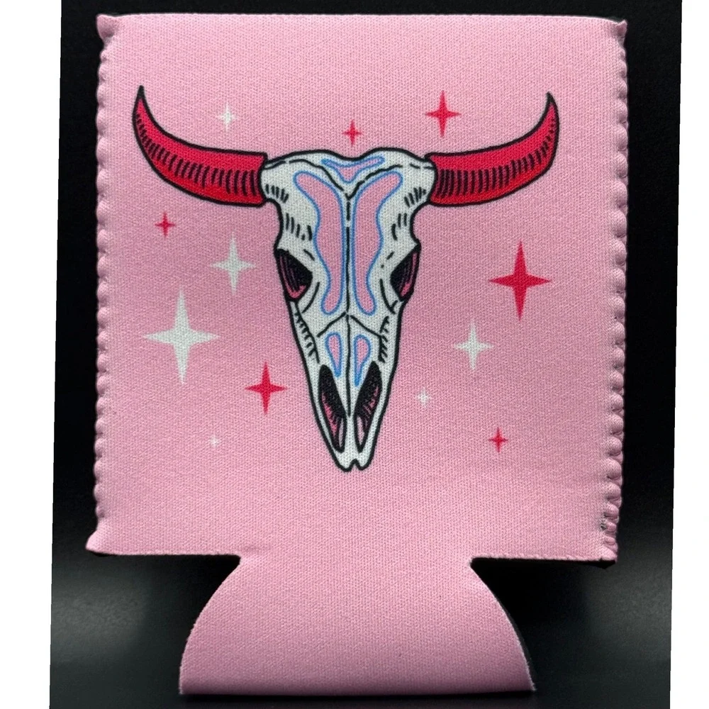 Pink Bull Skull‎ Can Cooler Sleeve Western Boho Stars Beverage Holder